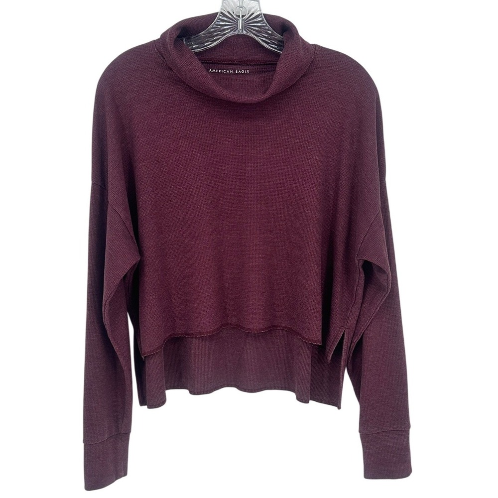 American Eagle Cropped Cowl Neck Long Sleeve Top Burgundy Size Small‎